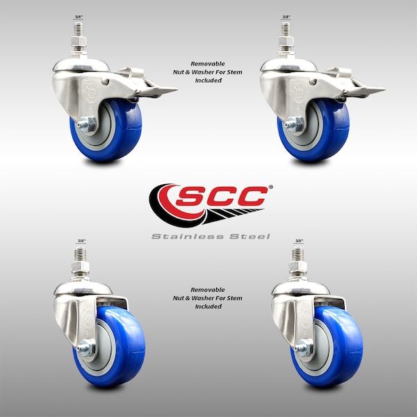 Service Caster 3.5 Inch 316SS Blue Polyurethane 3/8 Inch Threaded Stem Caster Lock Brake, 2PK SS316TSTTL20S3514-PPUBBLU-381615-2S2 - main
